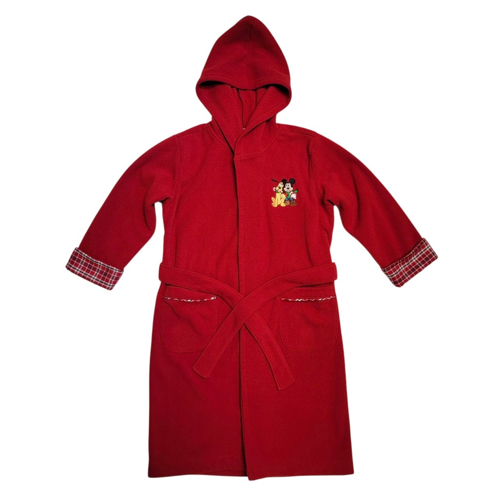 Disney Store Mickey Mouse Robe Kids Size M 7/8 Red Fleece Pluto Hooded Christmas